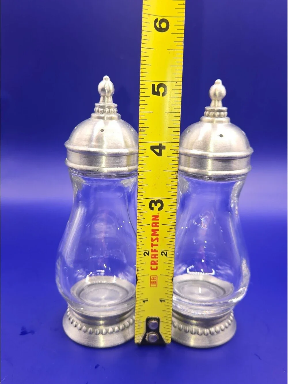 Vintage Style Glass Salt and Pepper Shakers with Silver-Toned Metal Tops and Bae